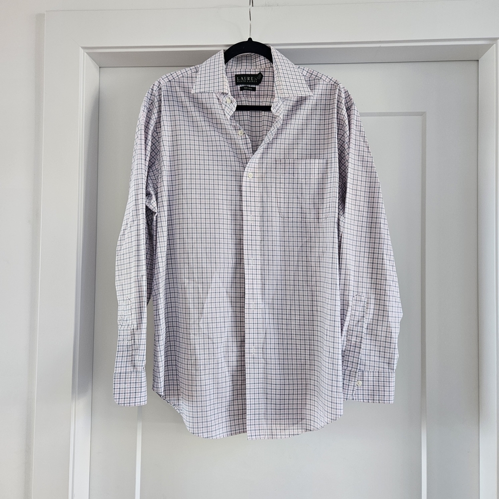 Lauren Ralph Lauren Men's White and Blue And Pink Plaid Shirt 100% Cotton